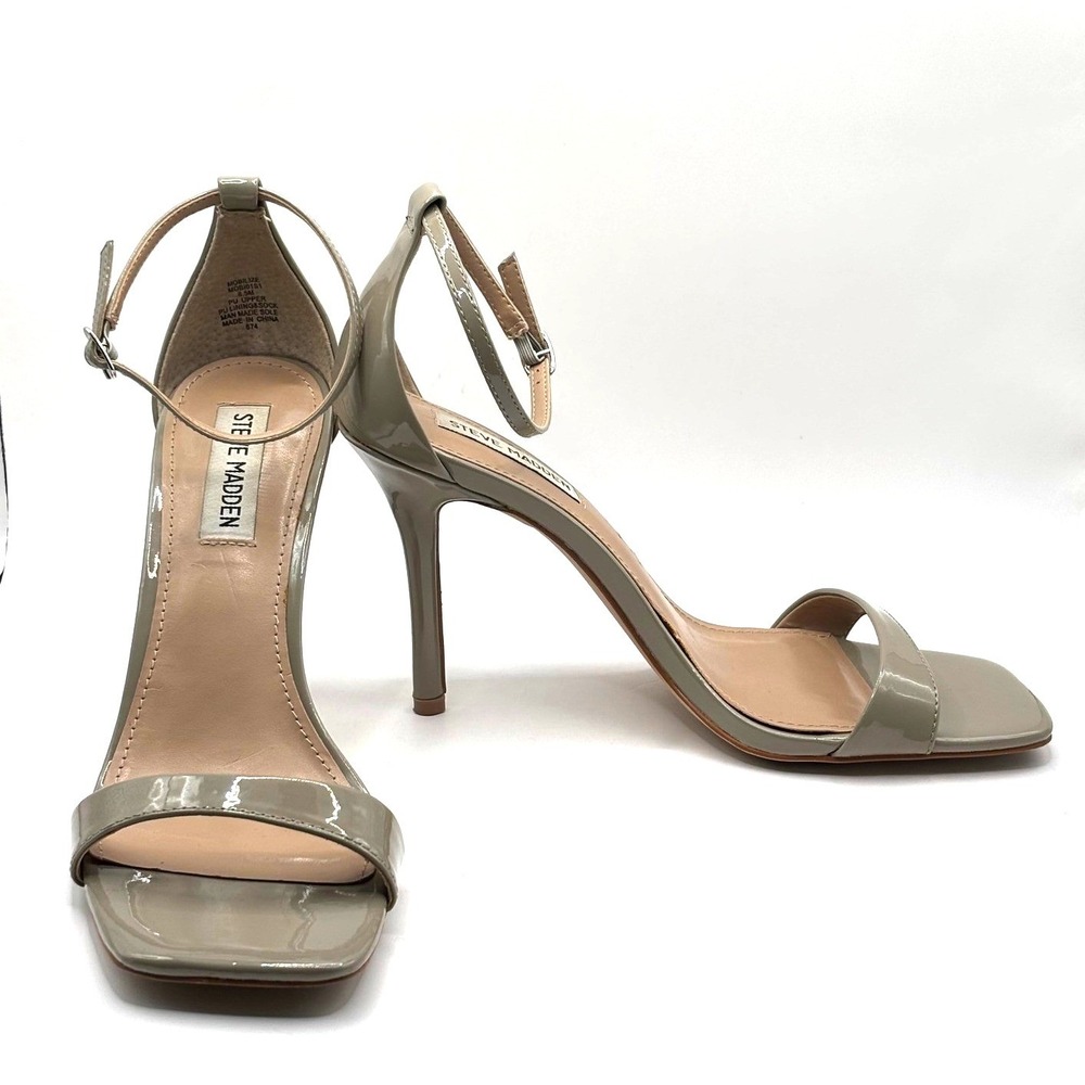 Steve‎ Madden Mobilize Taupe Patent Square Toe Ankle Strap Heeled Sandals 8.5M